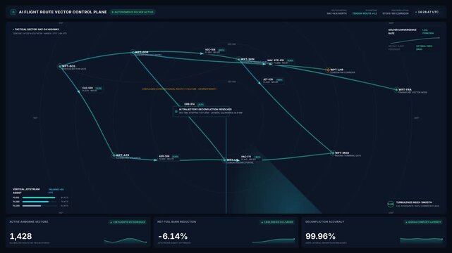 Futuristic aviation control interface with flight routes vector data, for advanced air traffic management, autonomous navigation systems, aerospace technology, global flight operations