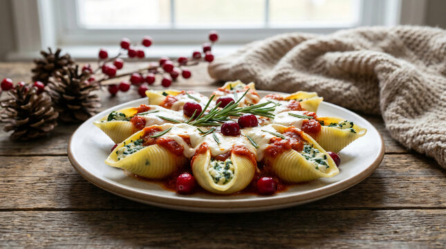 Homestyle plate of stuffed seafood shells garnished with herbs and cranberries on rustic wooden table