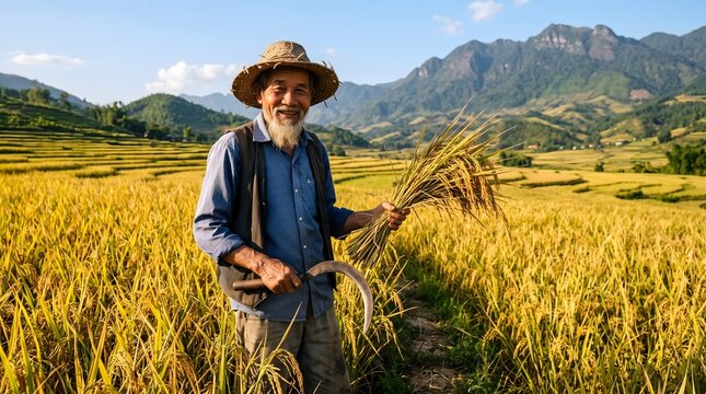 Asian farmer holding harvested rice stalks with a sickle in a terraced field