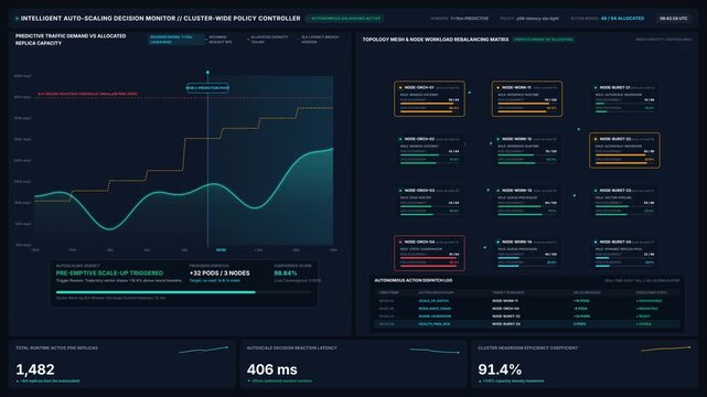 Intelligent auto-scaling decision monitor dashboard with predictive analytics replica capacity graphs, for cloud computing, infrastructure management, data visualization, system monitoring