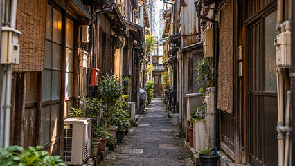Fototapeta premium Narrow Residential Alley with Exposed Pipes in Japan