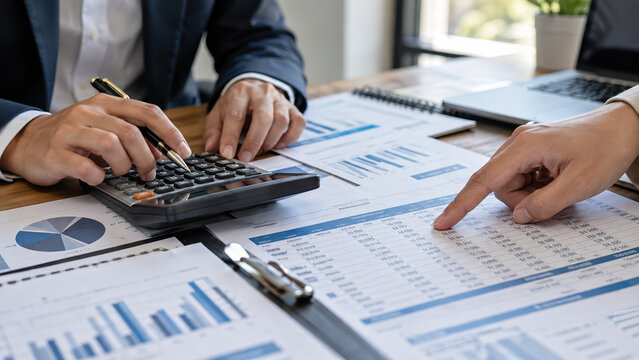 Financial analysts reviewing investment data budget planning with calculator and reports corporate accounting tax audit business strategy professional team collaboration for marketing reports