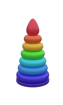 Colorful rainbow toy pyramid stack rings isolated on white background, 3d render.