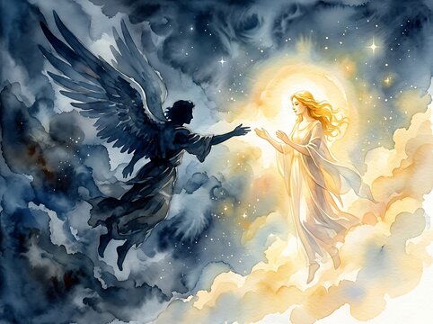 Angel reaching from darkness to light with ethereal glow against starry sky