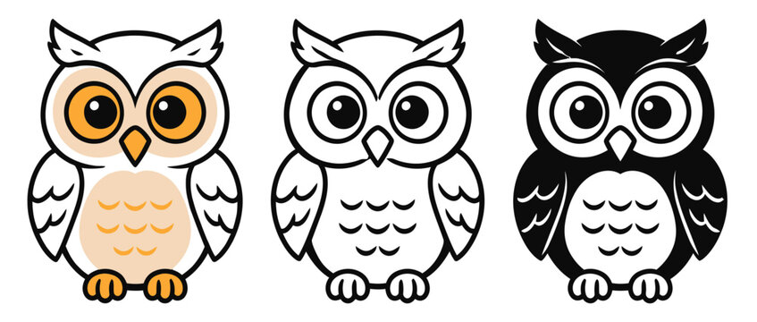 Three stylized owl illustrations in different graphical styles with bird icon nature icon graphic design three owls owl set animal icon bird vector nature drawing animal illustration
