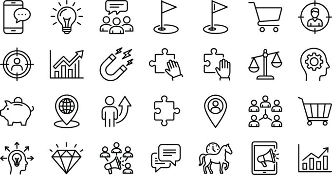 Marketing and financial strategy line icon pack including target audience growth analysis digital commerce and core company values vector elements