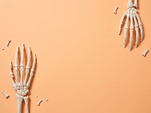 Human hand skeleton replicas placed on a solid orange background with hand bones