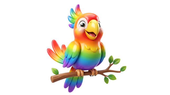 Colorful parrot bird cartoon character perched on a wooden branch. 3D render