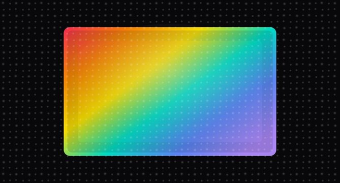 Vibrant gradient rainbow rectangle frame on dark dot pattern background grid.