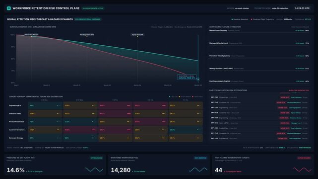 Workforce retention risk dashboard with neural attribution chart cohort attrition rate, for employee turnover analytics, predictive churn modeling, human resource management planning