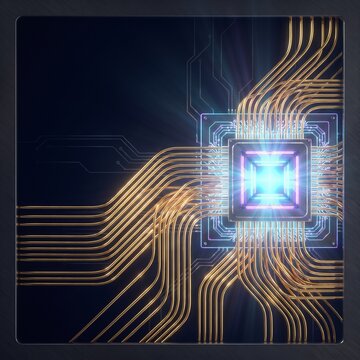 Quantum supercomputer processor chip with intricate gold superconducting coaxial cables