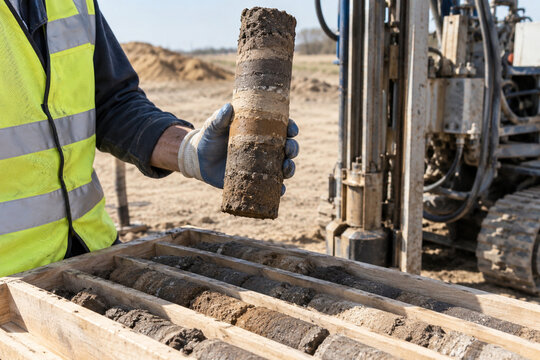 Gloved Technician Holding Layered Soil Core Beside Drilling Rig