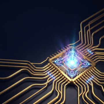 Futuristic quantum computing processor chip with glowing golden circuitry and cryogenic cooling grid