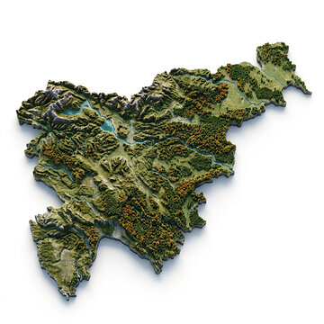 A detailed aerial view of the green mountainous landscape of slovenia shaped like a map isolated on white