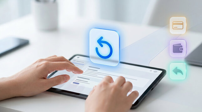 Hands using a digital tablet for online banking and financial transactions with glowing 3D undo and payment icons for e-commerce and refund concepts.