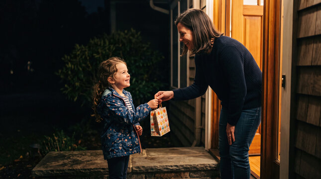 Woman handing a treat bag to a smiling child at the doorway during Las Posadas.