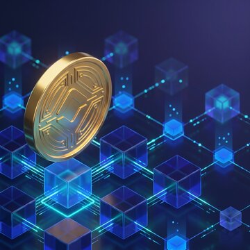 Golden digital token coin floating above isometric decentralized blockchain smart contract grid