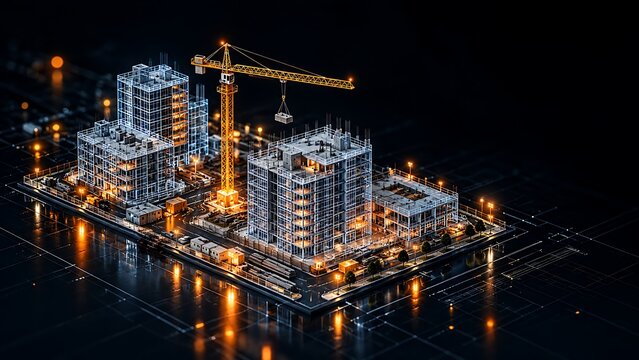 Modern City Construction Site With Cranes And Illuminated Buildings At Night