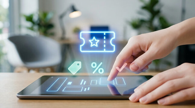 Person Using Tablet for Online Shopping with Glowing Digital Coupon Icons and Voucher Discounts Concept in a Modern Home Office Background