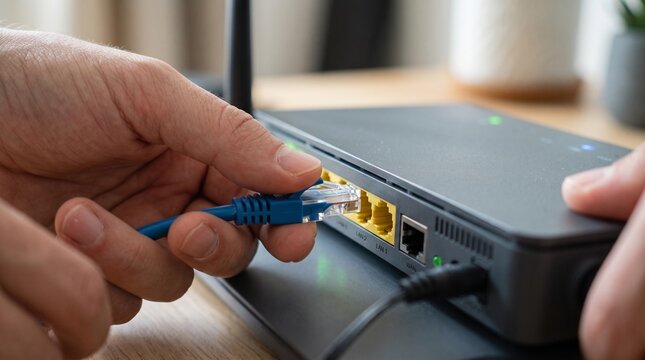 Hand connecting a blue ethernet cable into a wireless wifi router