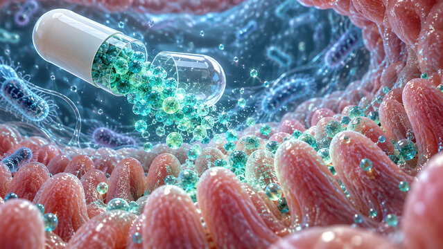 Probiotic capsule releasing enteric microspheres onto human intestinal villi.