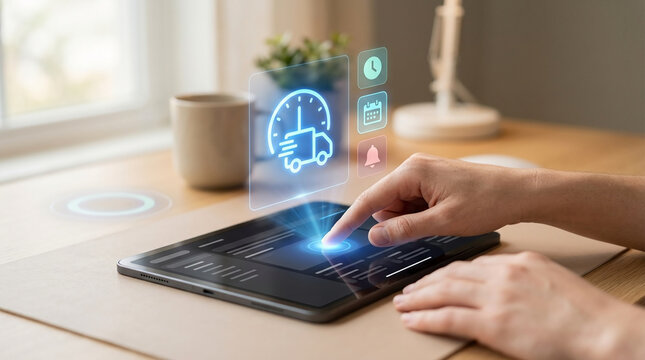 Person using a digital tablet for fast delivery and logistics management with holographic icons on a wooden desk in a modern office environment.