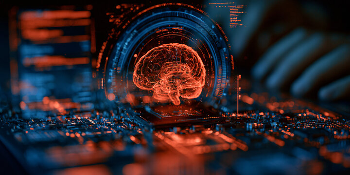 Digital Intelligence Brain Hologram Over Circuitry for Advanced Cyber Defense Systems