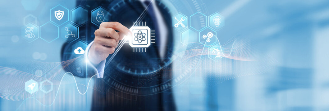 Quantum Computing Specialist Hand Hold Quantum computing and technology data. Quantum algorithms, advanced computing, data processing, research innovation, computational power, digital technology.