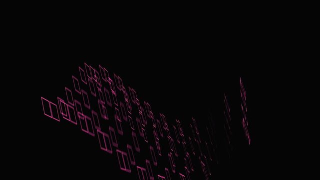 Abstract pink glowing square frames moving in rhythmic wave patterns against dark background loop.