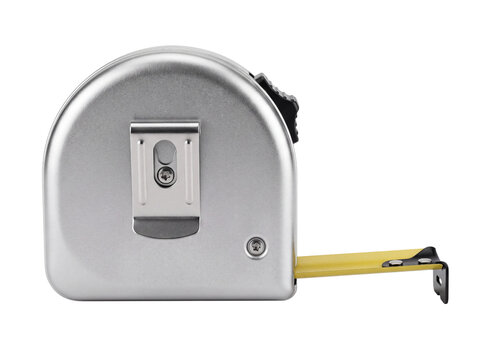 A silver retractable measuring tape with a yellow blade extends on transparent background metal tool