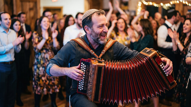Joyful man playing klezmer accordion at a Jewish Hanukkah party celebration