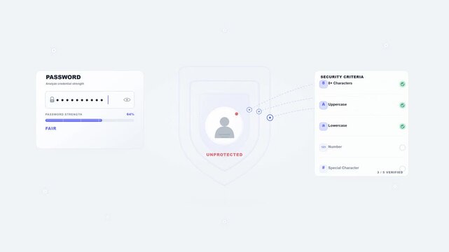 Conceptual cybersecurity interface showing password strength building multiple digital protection layers around a user account.