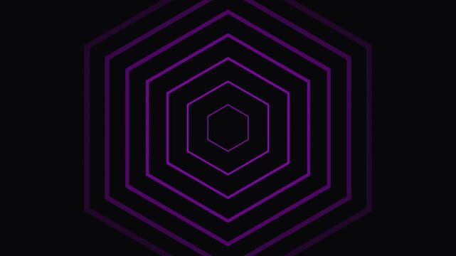 Abstract purple neon hexagon tunnel glowing motion graphic design loop on dark background visual art.