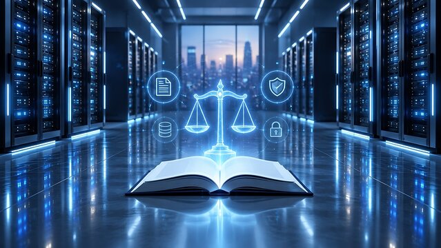 Digital Law And Cyber Security Governance Concept With Open Book In Server Room