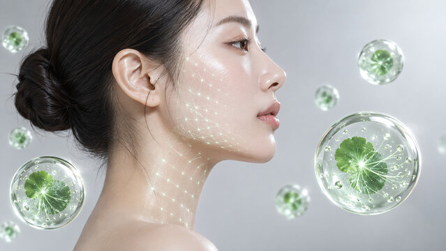 Profile of a woman with glowing skin barrier grid and floating cica bubbles