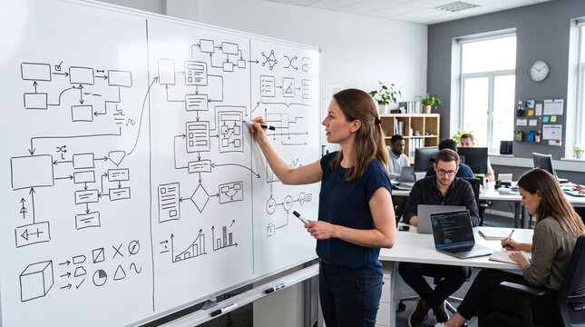 Female engineer drawing workflow diagrams on a whiteboard in a modern office.