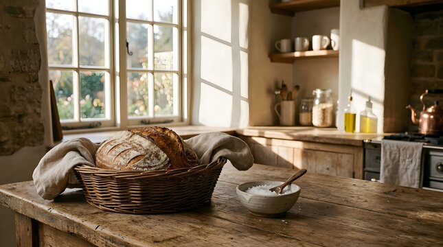 Freshly baked sourdough bread in a wicker basket on a rustic kitchen table
