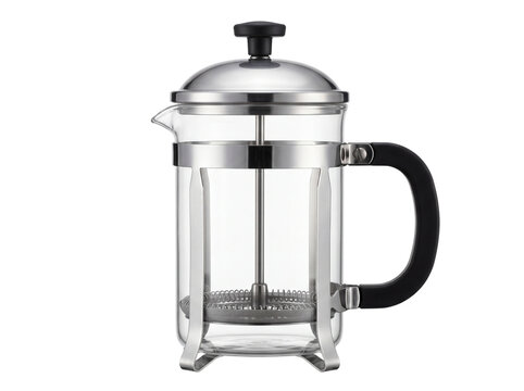 A stainless steel french press coffee maker with a glass carafe sits on transparent background