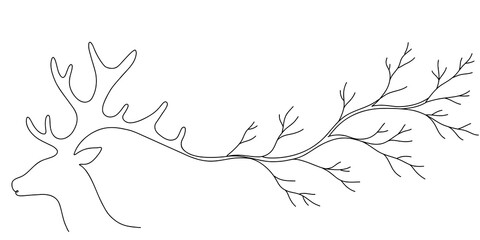 Obraz premium Continuous Line Art Drawing of a Deer Head Merging with Tree Branches Minimalist Nature Concept