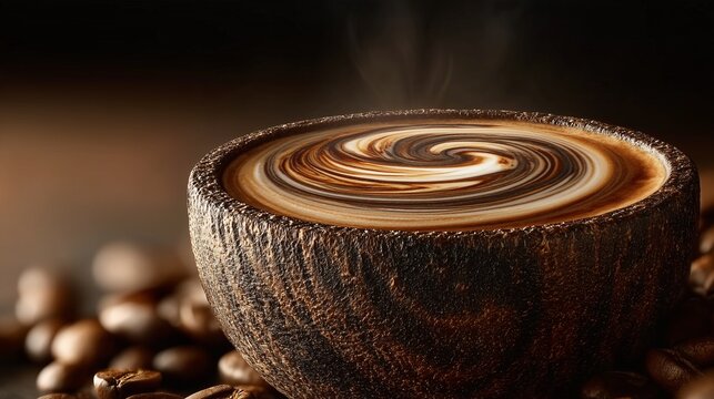 Steaming swirl of fresh coffee in rustic wooden cup with roasted beans
