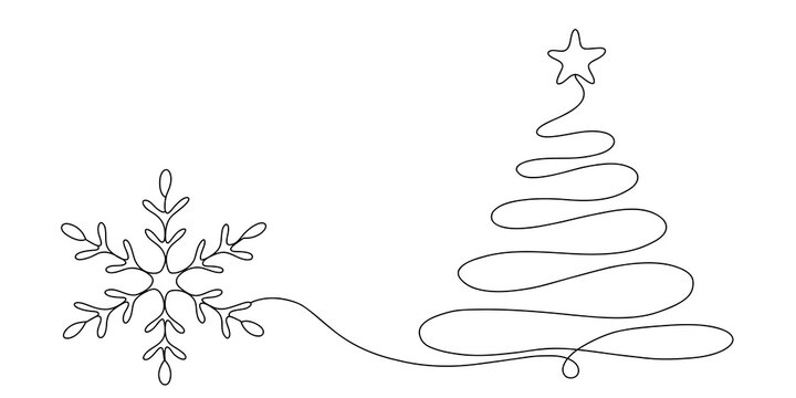 Continuous line drawing of a Christmas tree and snowflake. Minimalist winter holiday vector illustration on white background.