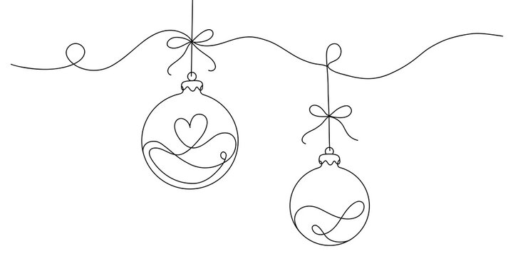 Continuous Line Drawing of Hanging Christmas Ornaments with Heart and Bows Minimalist Holiday Vector Illustration