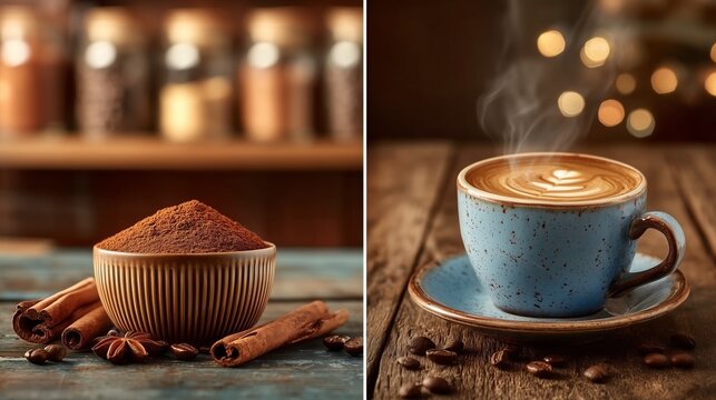 Cinnamon powder and steaming latte with coffee beans on a rustic table
