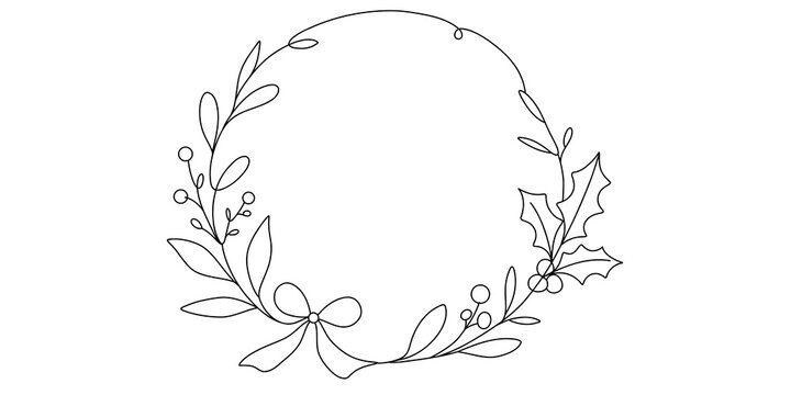 Minimalist continuous line art Christmas wreath with holly berries and bow vector illustration