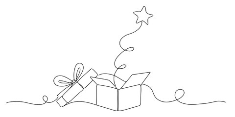 Single Line Art of Open Gift Box with Magic Star Popping Out Minimalist Celebration Concept Vector Illustration © ImageFlow 