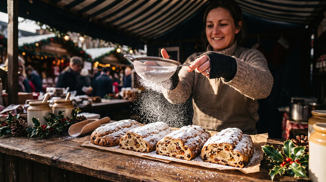 Baker dusting icing sugar over Christmas stollen at a festive market stall.