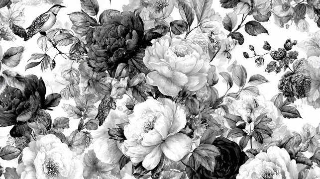 Artistic black and white rose pattern combining watercolor softness with graphic design precision, vintage botanical illustration style, delicate line work and fluid watercolor textures, seamless