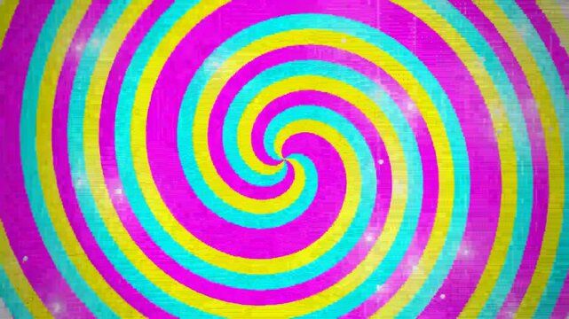 Hypnotic Retro Glitch Spiral Animation with Rotating Magenta Yellow and Cyan Stripes.