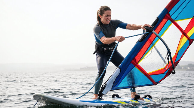 Athletic woman using an uphaul rope to lift a windsurfing sail from sea.