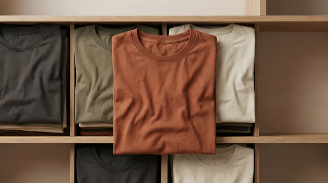 Assorted folded cotton t-shirts on wooden retail store shelves.